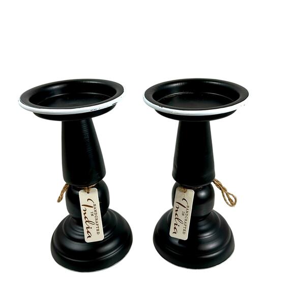 Candle Holders Set Of 2  Black Handcrafted Galvanized White Trim Home Décor‎ - Picture 1 of 5